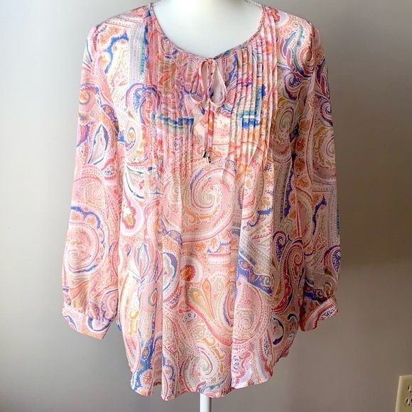 NWOT Tommy Hilfiger Peasant Blouse Lightweight Paisley Pastel Large Bohemian - Picture 3 of 12